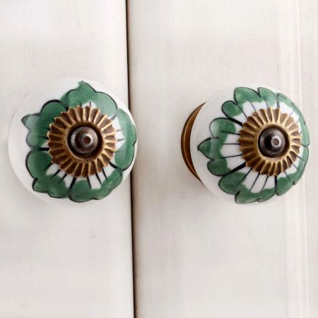 White Green Painted Floral Knob